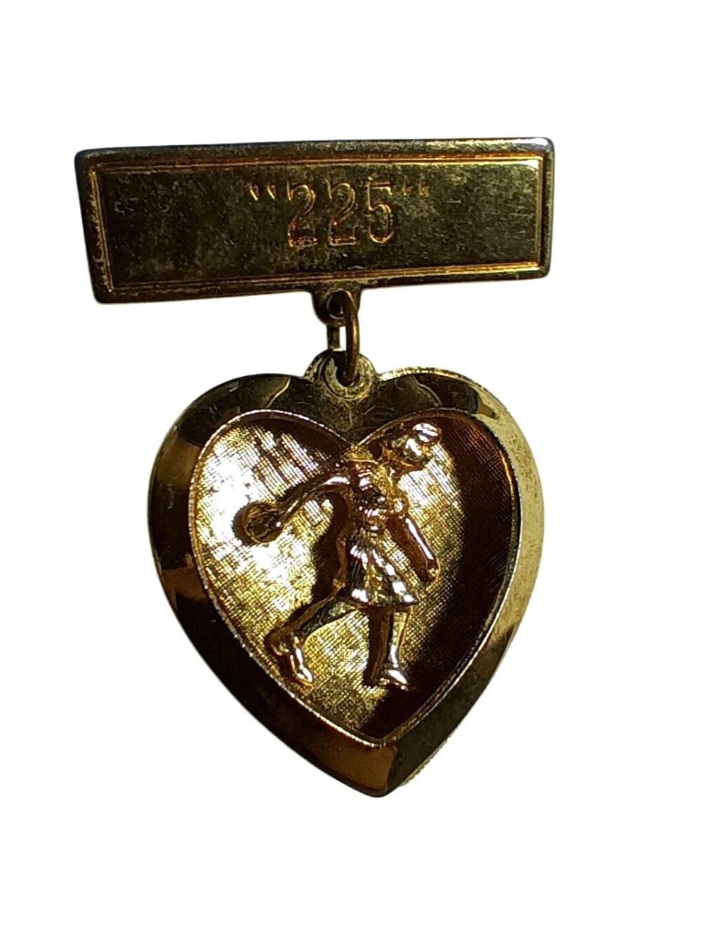 Vintage Lapel Pin Lady Bowler Heart Shaped Gold With Engraved "225" Design